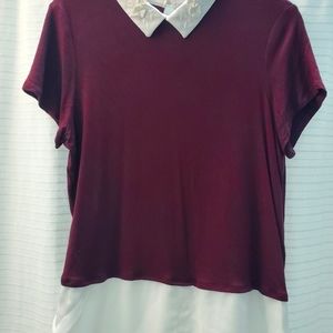 Elle: med short sleeve dress shirt with embroidered flowers on neckline